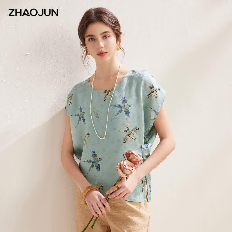 

Zhaojun Elegant Floral Jacquard Short Sleeve Top L