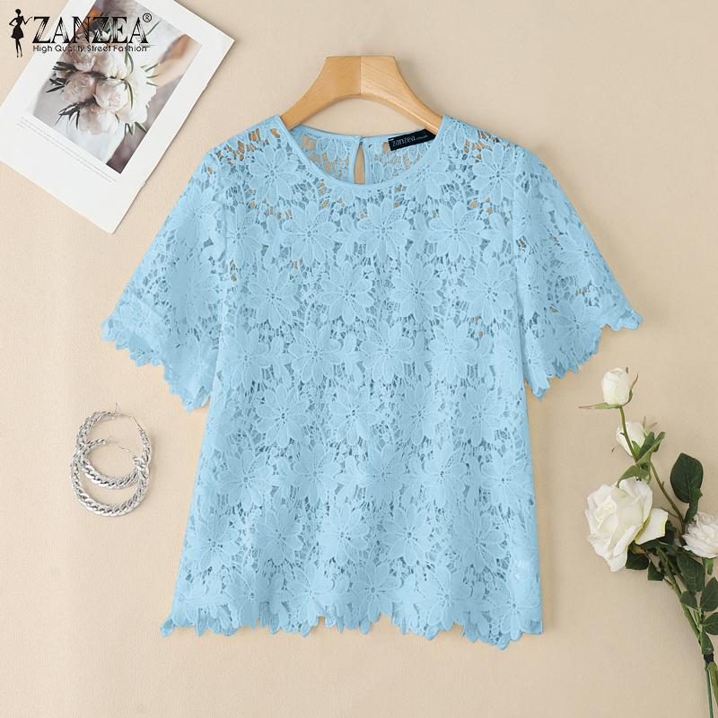 ZANZEA Women Casual Round Neck Hollow Out Lace Short Sleeve Blouse
