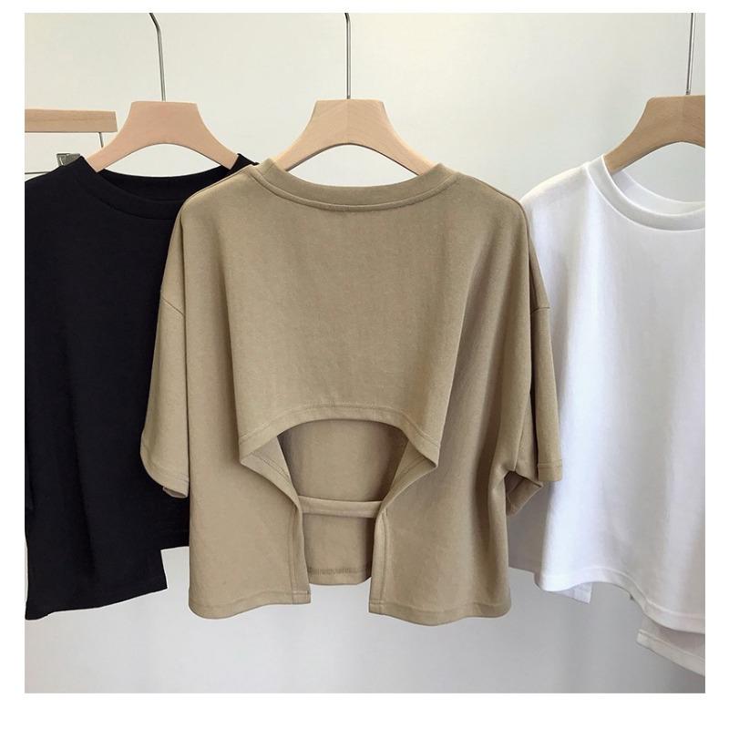Backless Short T-shirt for Women Sweet and Spicy Korean Style Summer New Round Neck Loose Short-sleeved Top