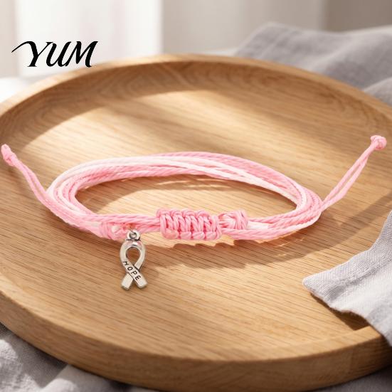 Breast Cancer Awareness Gifts Bracelet for Women, Adjustable Woven String with Handwoven Rope Wristband Ribbon Charm, Handmade Braided Survivor