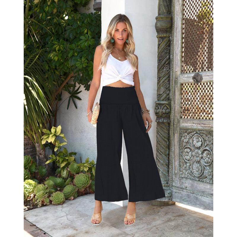 Summer Women's Pants Solid Colour High Waist Drawstring Trousers Casual Cotton Linen Pants Cropped Pants