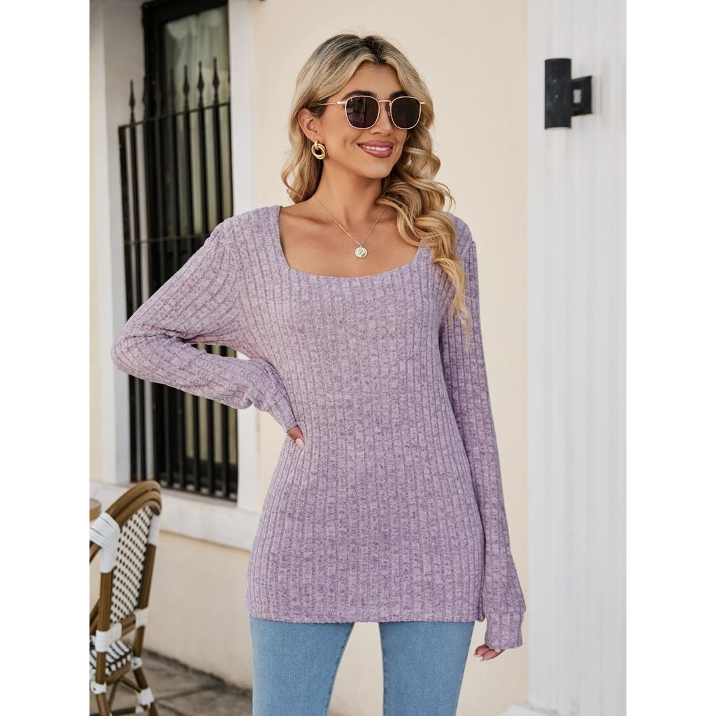 New Women's Long Ribbed Modal Top, Fall Winter Square Neck Fleece Lined Casual Long Sleeve Top, European American Style Women's Clothing