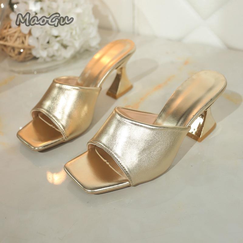 Mode Eckige Zehenpartie Hoher Absatz Damen Hausschuhe Sommer Damen Sandalen Klobige Absätze Schuhe 2025 Sexy Party Slingback Pantoletten Mujer Abendschuhe