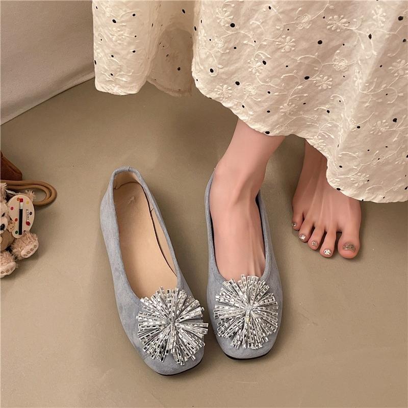 Low Heel Single Shoes Summer New Square Toe Shallow Mouth Rhinestone Flower Soft Sole Non-slip Low-top Shoes
