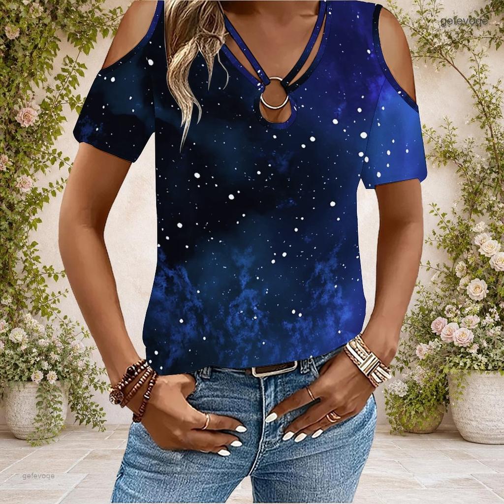 Women Plus Size Keyhole Ring Neck Cold Shoulder Short Sleeve Tie Dye Print T Shirt