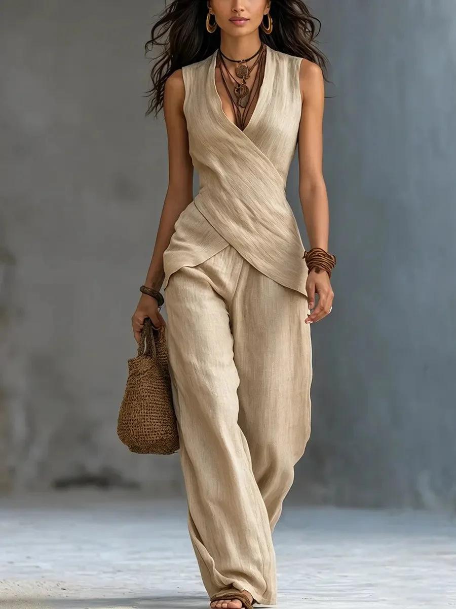 Women V Neck Sleeveless Jumpsuit Wide Leg Pants High Waist Solid Color Casual Linen Blend Two Piece Set S