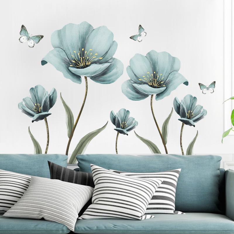 2 Stück/Set Blau Bemalte Blume Tapete Schlafzimmer Veranda Heim Wandverschönerung Dekorative Wandaufkleber