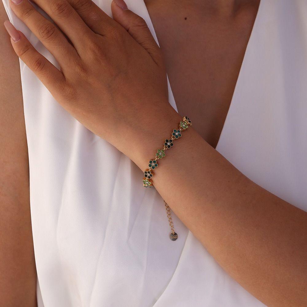 Gold Plated Crystal Flower Bracelet Adjustable Sparkling Floral Bracelet Daily Wear
