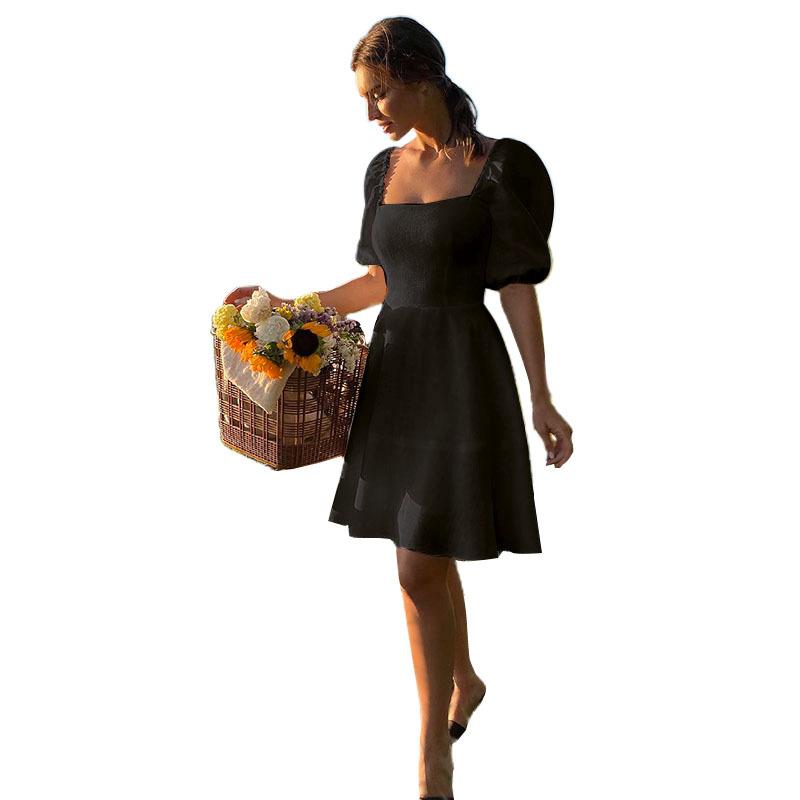 Personality Temperament Bubble Sleeve Patchwork Square Collar Zip Paragraph Solid Colour Fairy Dress Women Dresses
