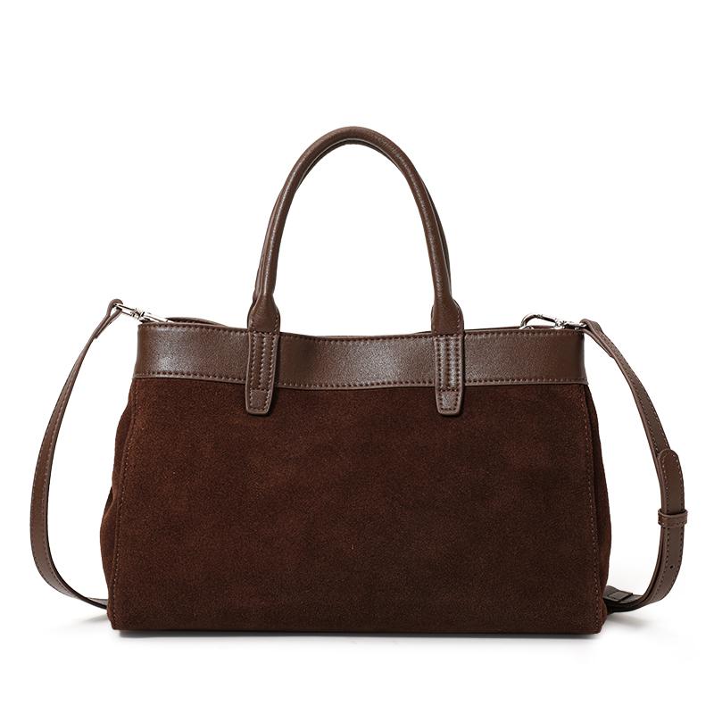 Women's Retro Suede Spliced Leather Tote Bag with Lock, Large Capacity Handbag & Crossbody Bag for Commute