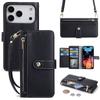 Reißverschluss-Geldbörse mit Kartenschlitz Klapphülle für iPhone 17 Air 16E 16 15 14 13 12 Pro Max Crossbody-Handgelenkschlaufe Leder-Handyhülle