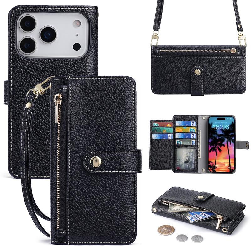

Zipper Wallet with Cards Solt Flip Cover for IPhone 17 Air 16E 16 15 14 13 12 Pro Max Crossbody Wrist Strap Leather Phone Case iPhone17 Pro Max