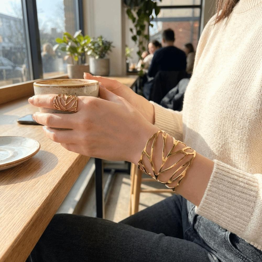 Stylish Open Bangle Ring Set Elegant Retro Jewelry Set New Hollow Leaf Bangle  Evening Wear