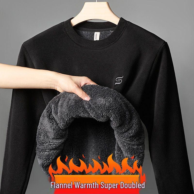 Men's Sherpa Fleece-Lined Sweatshirt: Thick, Warm, Round Neck Flannel Casual Top for Autumn and Winter