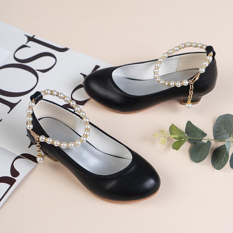 Girls' High-heeled Leather Shoes Spring Children's High-heeled Middle-aged Kid's White Wedding Host Show Princess Dress Shoes