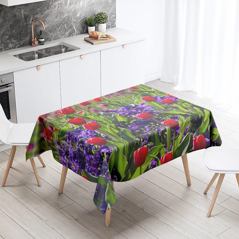 White Red Tulip Tablecloth Colorful Floral  Stain Resistant Waterproof Rectangular Kitchen Dining Table Home Decor
