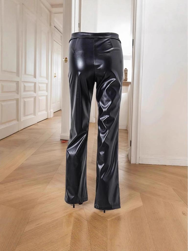 Women's High Waist PU Leather Nightclub Pants with Metal Zipper - INS Style, Winter Straight Leg Design