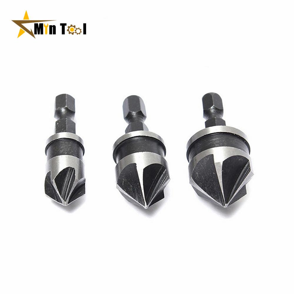 3PCS Hex Countersink Boring Chamfer Drill Bit Set 12/16/19mm 5Flute Woodworking Drill Bit Cutter Metal Drilling Bit Hand Tool