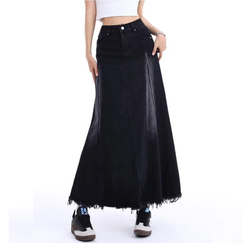 

Женская джинсовая миди-юбка черная с высокой талией ретро с необработанным краем А-силуэта юбка-зонт одежда Y2K повседневная универсальная весна лето 3XL чёрный