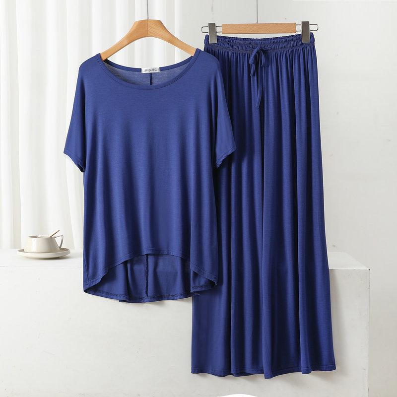 Damen Übergröße Freizeit-Pyjama-Set: Modal Rundhals Kurzarm Oberteil & Weitbeinige Hose