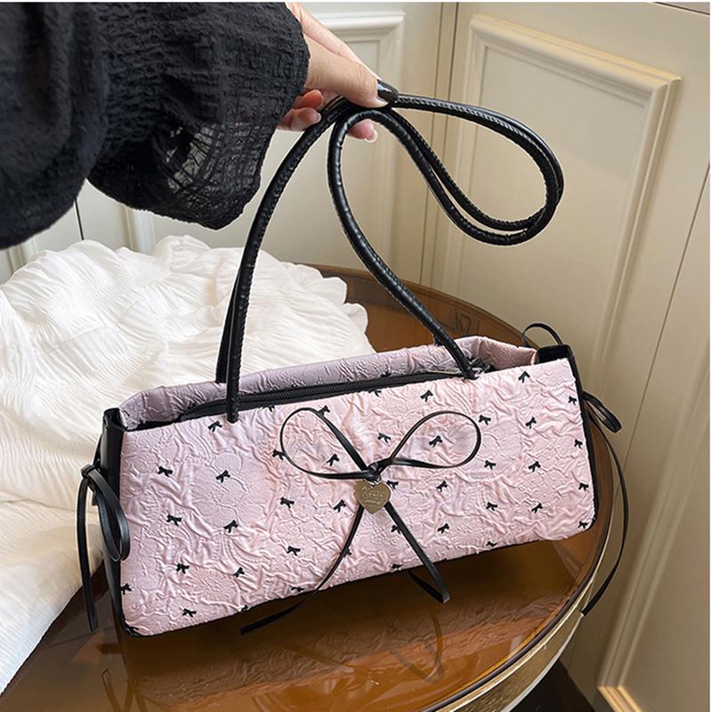 Fashion Bow Ribbon Shoulder Bag Daily Casual Commuting Bowknot Print Underarm Bag Sweet Women's Small Handbag
