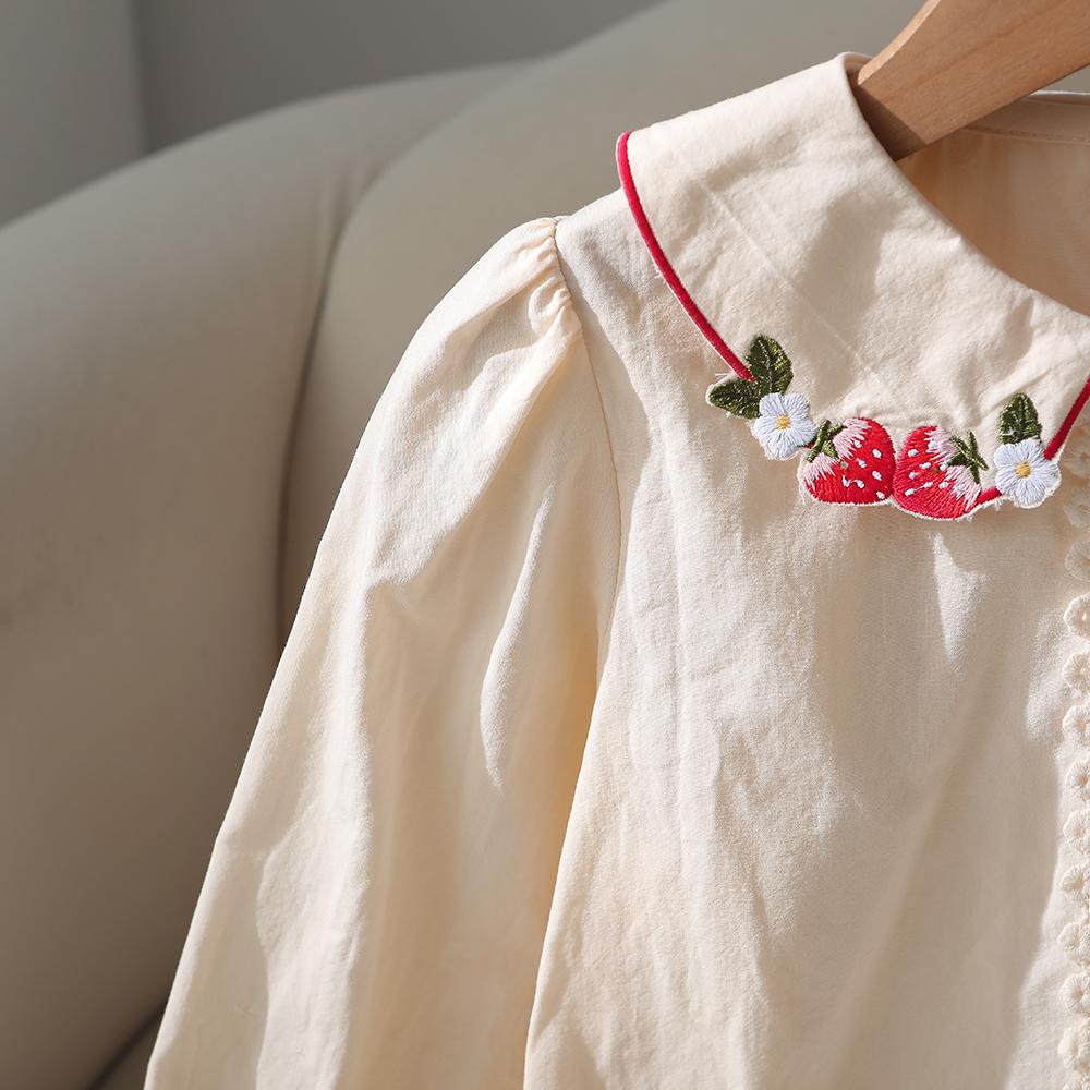 Girls Casual Shirt 100% Cotton Blouse Strawberry Embroidered Collar Long Sleeves Button Front 2-6 Years Kids Fashion Clothing