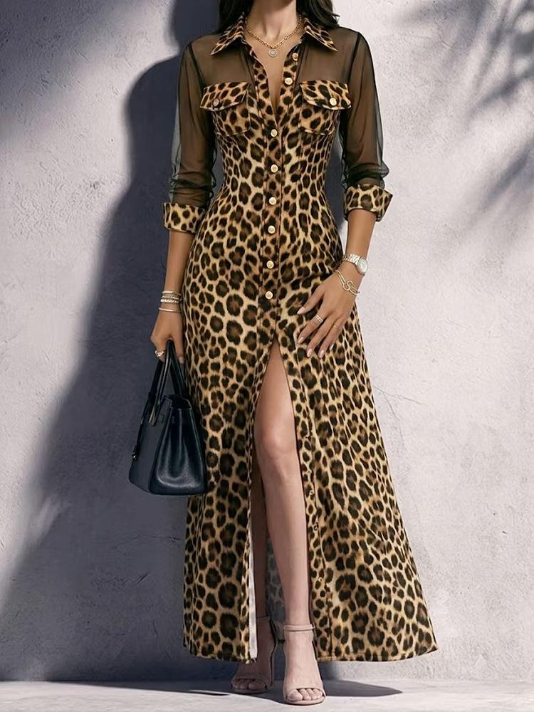 Unabhängige Station Europäischer und Amerikanischer Stil Leopardenmuster Spleiß Mesh Garn Mode Lässig Schlitz Damenkleid