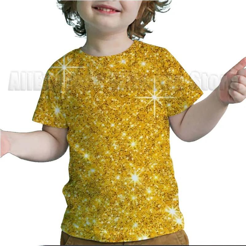 

Летняя креативная блестящая золотая детская футболка, забавная футболка для малышей, для мальчиков и девочек, для подростков, красочная 3D футболка 170