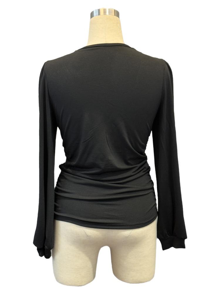 Women V Neck Lace Spliced T Shirt Rhinestone Ruffle Side Solid Color Fashion Spring Summer Top