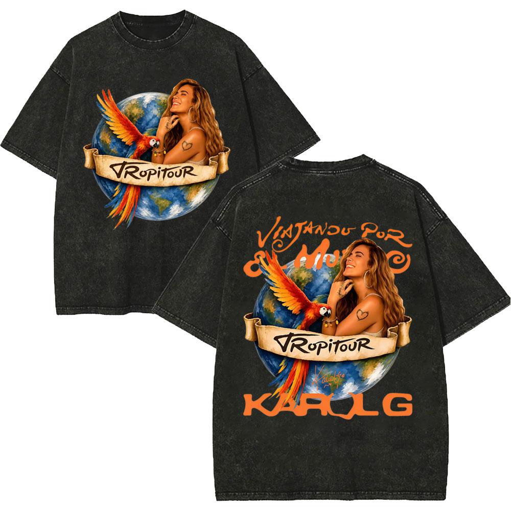 Vintage Spłowiałe Koszulki Karol G Tropicoqueta Tour 2026 Mężczyźni Kobiety Moda Pop Muzyka Koszulka Letnia Codzienna Luźna Bawełniana Koszulka