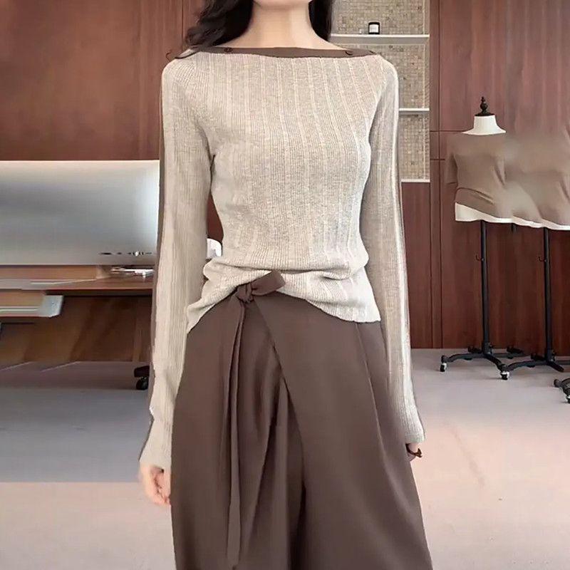 

Women s Plus Size Retro Color Block One-Shoulder Knit Top - Autumn Slimming Long Sleeve 3XL (145-160 Jin) света кофе