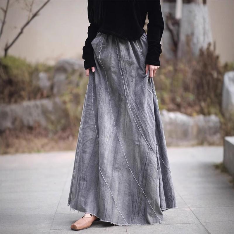 Johnature Women Vintage Skirts Elastic Waist Cloths Autumn Patchwork Casual Female Skirts