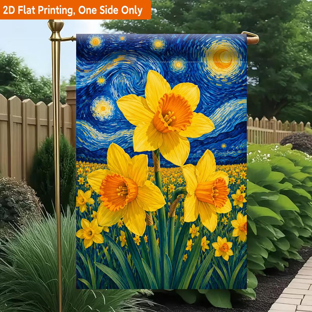 2D Flat, 2D Flat Printing Garden Flag 1pc, Starry Sky Daffodil Field Durable Single-Sided Print Yard Flag, Garden & Home Holiday Decoration, 29.97x44.