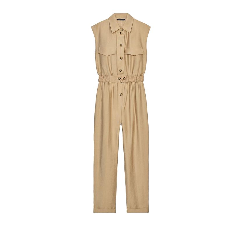 

Весенне-летняя новая женская одежда Европейский и американский стиль кэжуал с поясом Модный комбинезон с лацканами без рукавов 3897091 Shallow khaki L