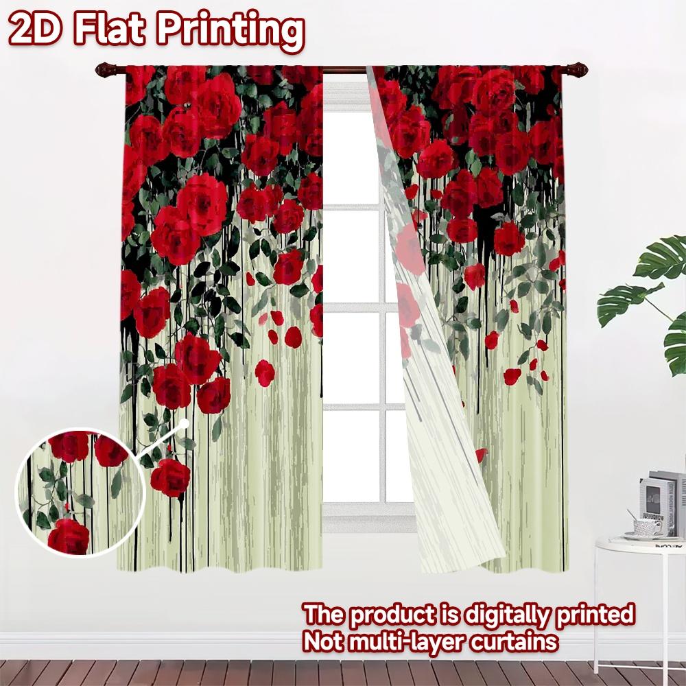 2D flat printing 2pcs Curtain Window Treatment Curtains Valentine's Day Falling Roses Digital Printed Polyester Drapes Festive