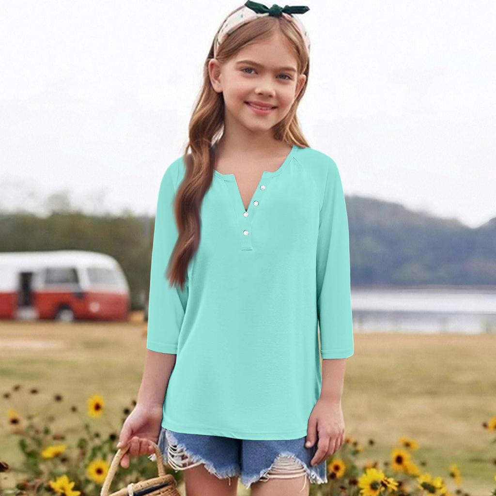 Print Tops For Youth Girls Round Neck 3/4 Sleeves T-Shirts Trendy Tops Outfit Tees