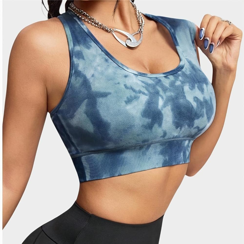 

Women s Navy Blue Retro Tie-Dye Backless Bra with Multi-Straps, Hollowed-Out Shockproof and Gathering Yoga Bra L небо синє кольору