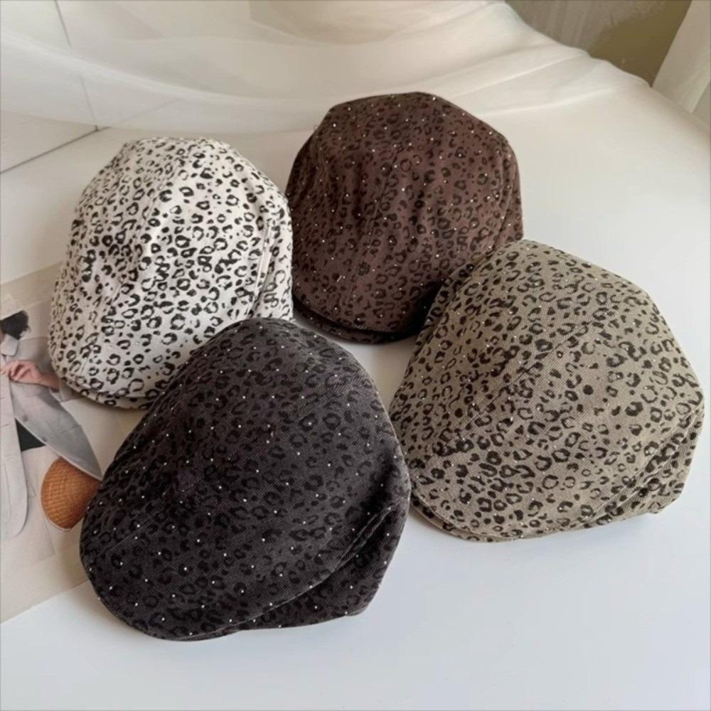 Y2k Leopard Print Beret Rhinestone Leopard Newsboy Cap Fashion Forward Hat  Outdoor