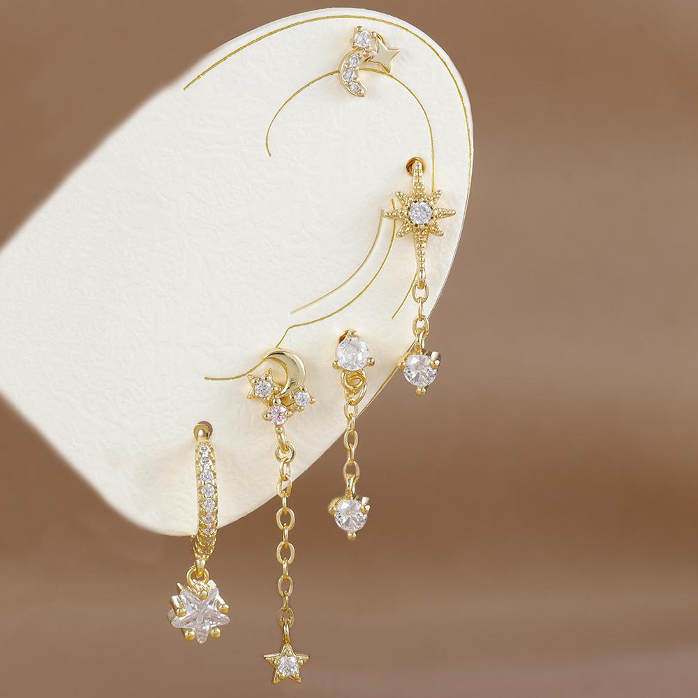 5pcs Sets Vintage Star Moon Zircon Earrings For Women Girls Luxury Delicate Small Long Tassel Stud Earrings Fashion Jewelry