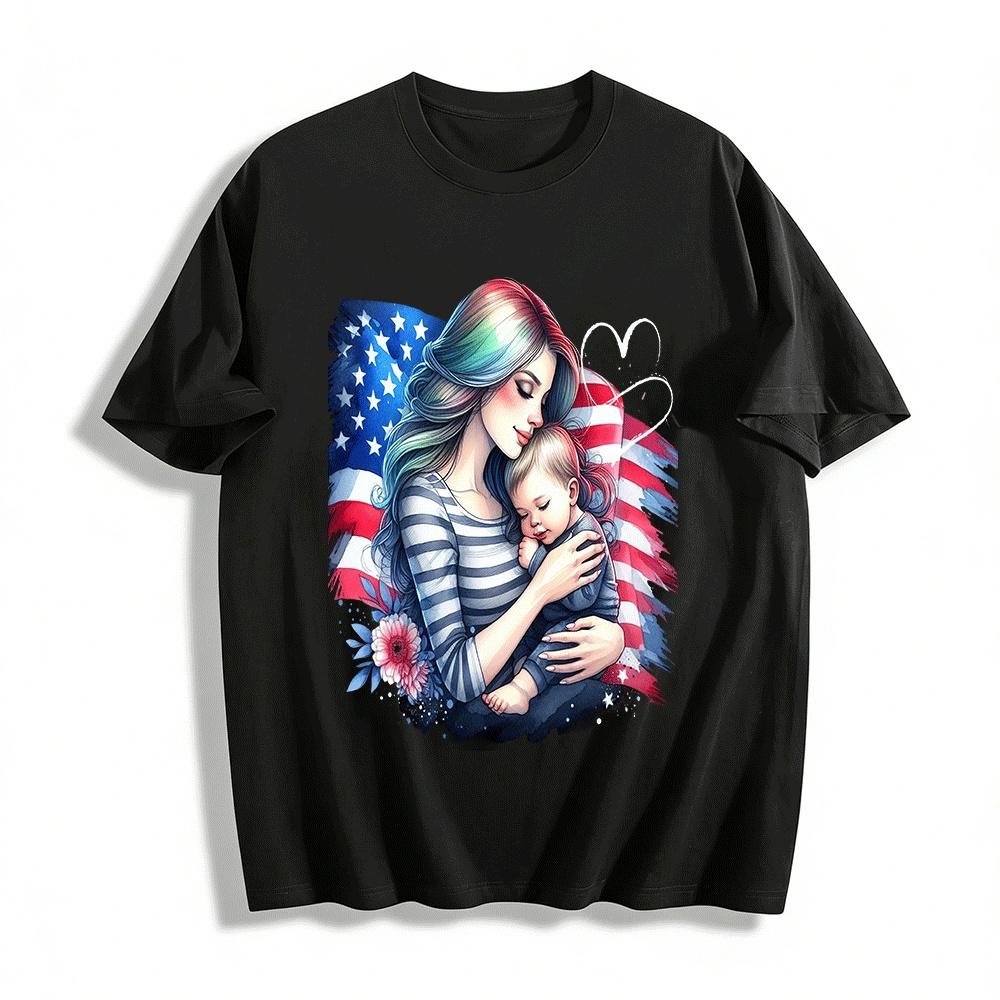 American Flag Mother And Baby Print Casual Top Pure cotton T-shirt XXS