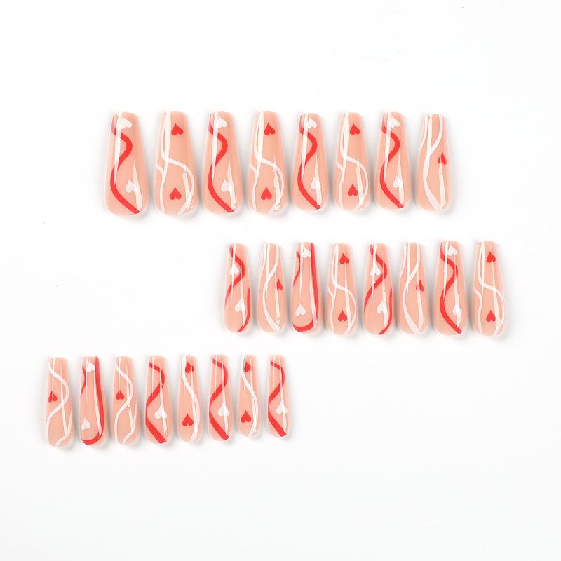 24Pcs/Set Quick Nails Long Red And White Wavy Heart False Nials Sticker Wearable Waterproof Manicure Finished Nails
