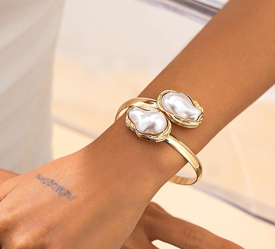 DIEZI French Style Baroque Imitation Zircon Torque Necklace Bangle Ring Set For Women Punk Gold copper Color Clavicle Zircon Set