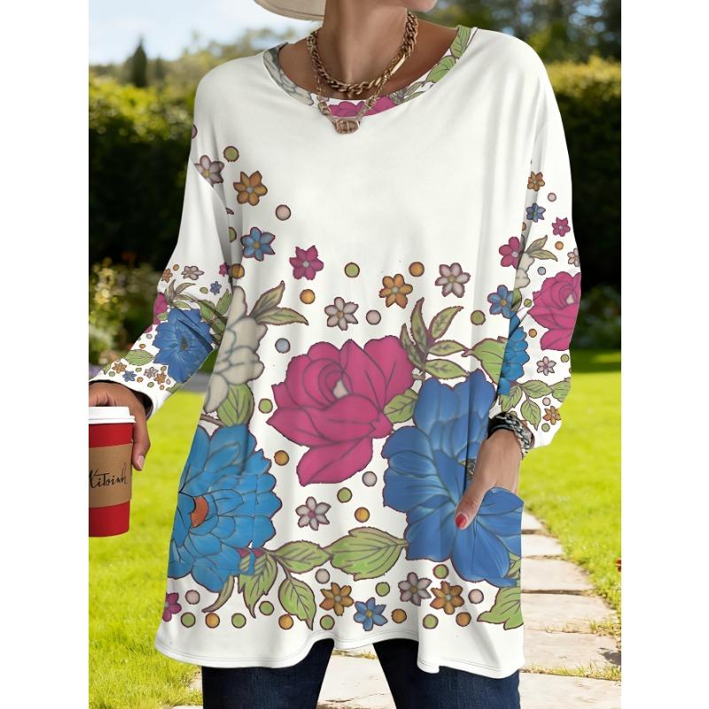 Women s Plus Size Spring Floral Print Loose T-Shirt with Pockets S