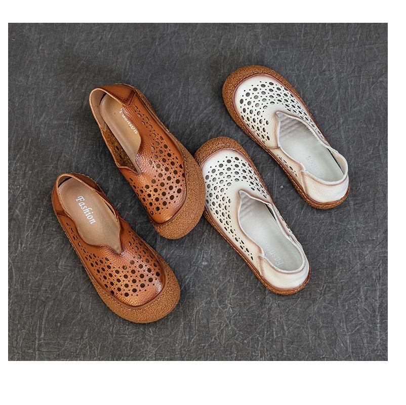 New Round Toe V Cut Ballet Flats Woman Perforated Moccasins Women's Handmade Genuine Leather Loafers Ladies Soft Driving Shoes