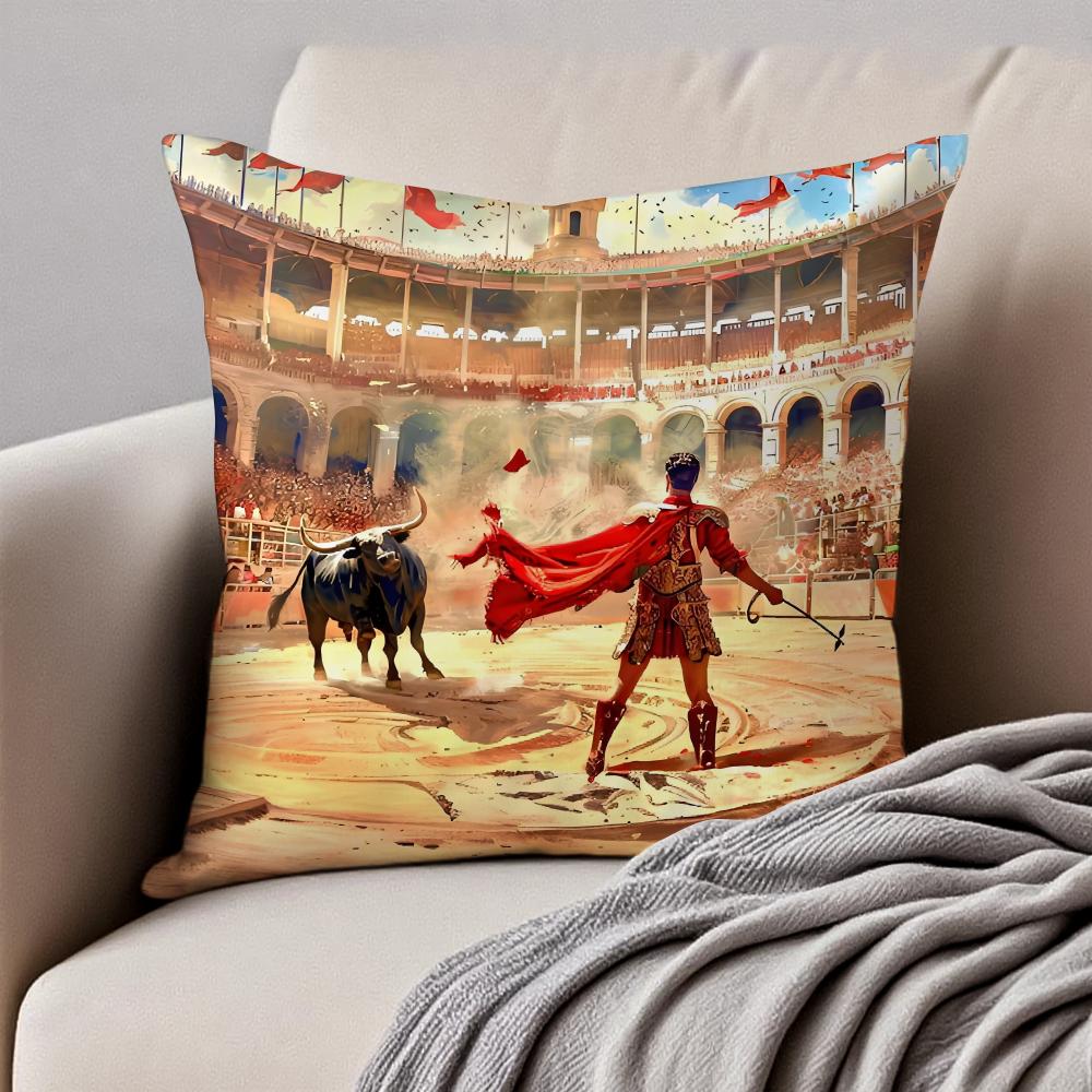 Spanish Running of the Bulls Cushion Cover Pillowcase Antidustmite Invisible Zipper Short Plush Sofa Cushion