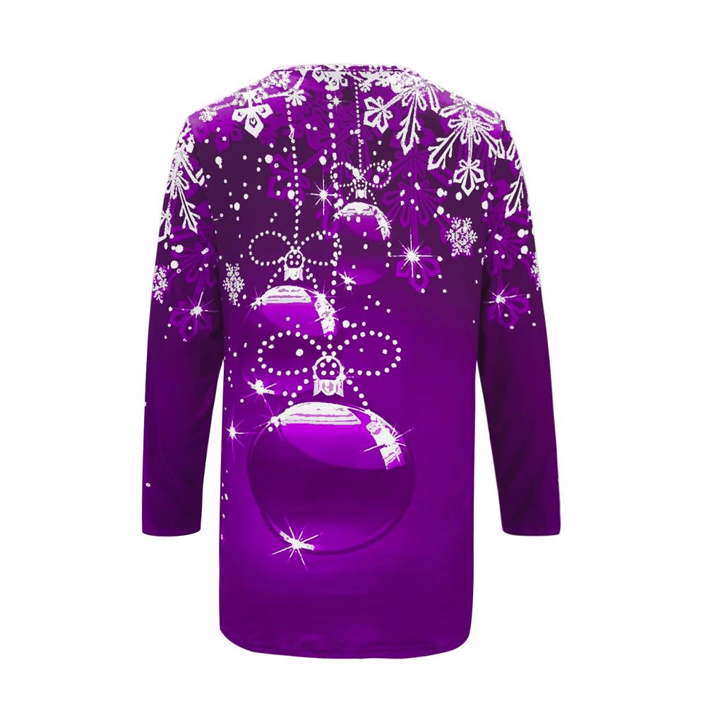 Women's Fashion Casual Snowflake Print Long Sleeve V-neck Zip T-Shirt Top