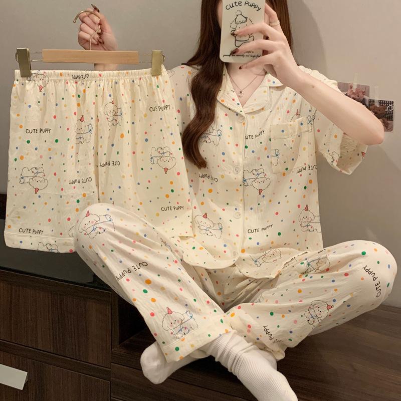 

[Комплект из трех предметов] Пижама Party Puppy Женская летняя из облачного хлопка с коротким рукавом Удобная и милая домашняя одежда M