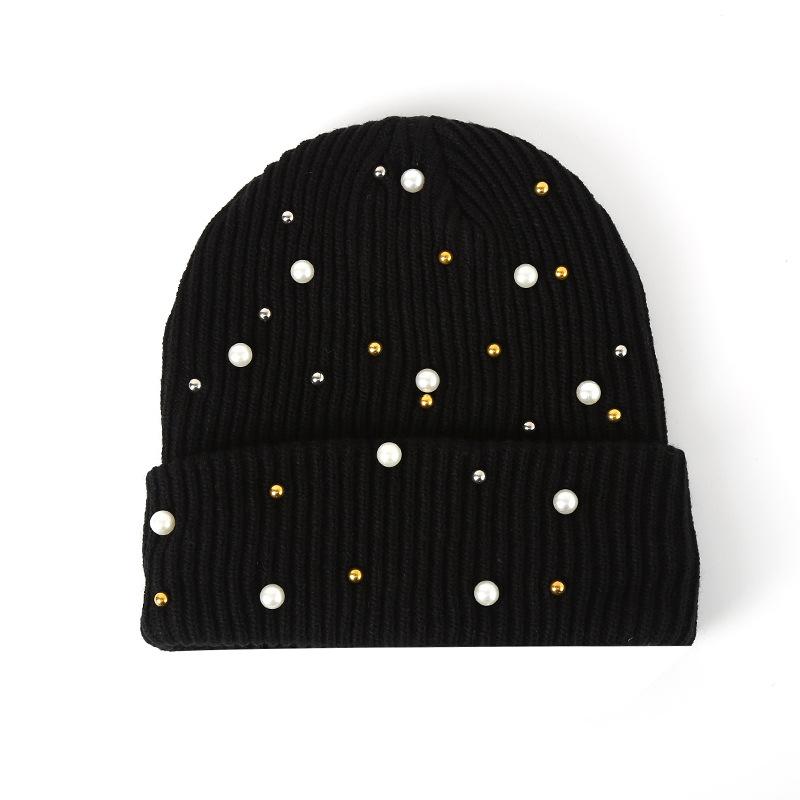 

Solid color warm pearl hat autumn and winter fashionable knitted hat rivet trendy women s woolen hat one size чорний