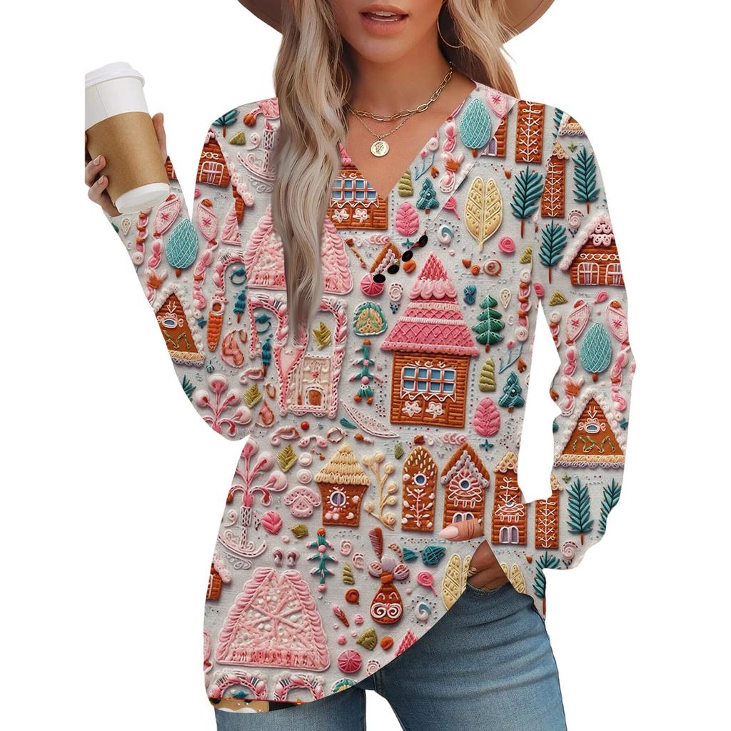 Women's Fashion Casual V-neck Pleated Christmas Long Sleeve Top