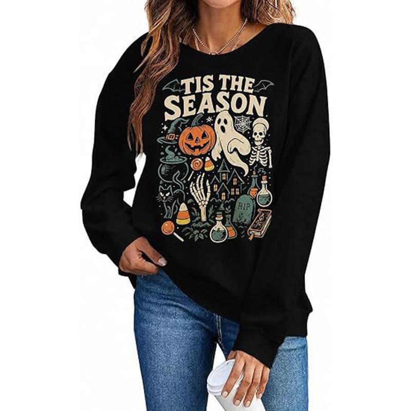 Hallowmas Ghost Print Long Sleeve Sweatshirt Women Crew Neck Oversized Pullover Top